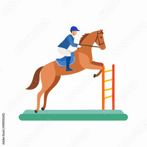 Equestrian rider jumping over a hurdle obstacle during a competition
