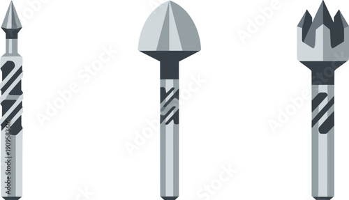 Set of three specialized drill bits for woodworking and metalworking applications