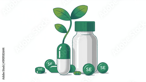 A digital illustration of a white pill bottle with a green cap and a white pill capsule, both rendered in a clean, minimalist style (2)_traced