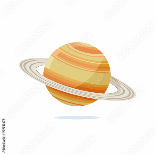 Illustration of ringed planet with atmosphere isolated against bright background; orbiting celestial body; planetary rings encircling surface; space and cosmic themes