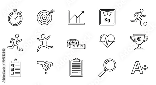 Fitness and health icons depicting goals progress and well being silhouette