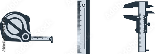 Measuring tools including a tape measure, ruler, and caliper on a white background