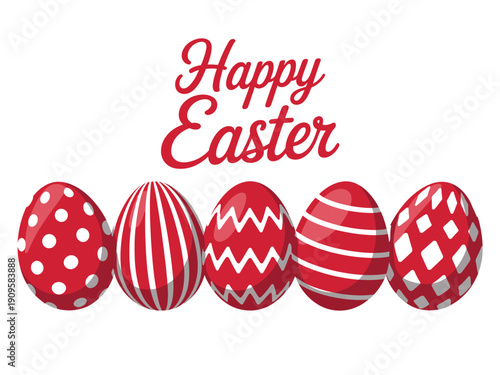 A festive Easter greeting with decorated red eggs on a white background