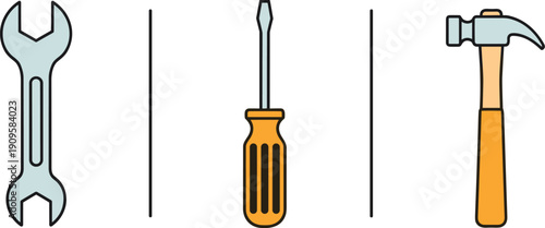 Simple illustration of a wrench, screwdriver, and hammer on a white background