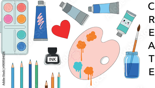 Create art supplies illustration with paint palette brushes watercolor tubes pencils and ink colorful flat vector design for creativity education and artistic projects