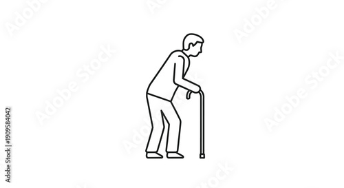 Elderly man with a cane walking simple line art silhouette