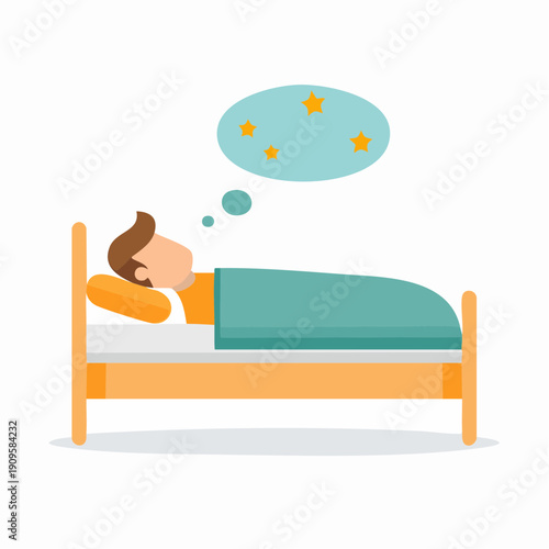 Cartoon person sleeping in bed dreaming of stars flat vector illustration concept