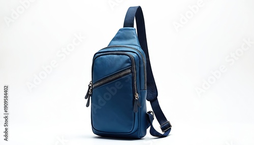 Blue crossbody sling bag with zippers and strap. Unisex chest pack useful for travel or daily use. Modern accessory for men and women, perfect for carrying essentials conveniently on the go.