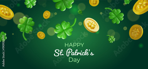 3D St. Patricks Day banner with falling golden coins with four-leaf clovers and green shamrocks. Web banners, social media posts, advertisements, holiday promotions with a cheerful and lucky theme.