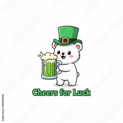 Cute Polar Bear Holding Beer Mug in Green Hat Celebrating St Patrick's Day Cheers