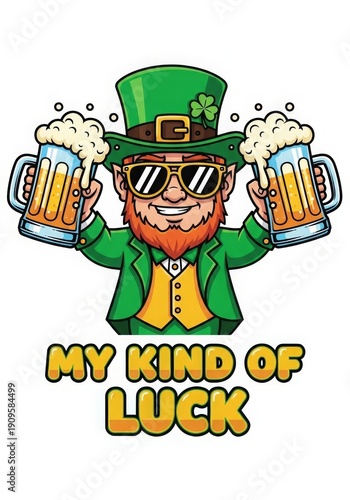 Cartoon Leprechaun Celebrating St Patrick's Day with Beer Mugs and Lucky Text