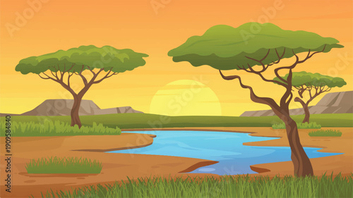A digital illustration of an African savanna landscape at sunset (1)_traced