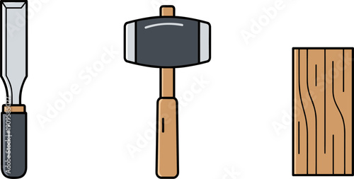 Set of woodworking tools including a chisel, mallet, and wood plank