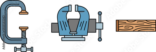 Set of woodworking tools: C-clamp, bench vise, and wooden plank illustration