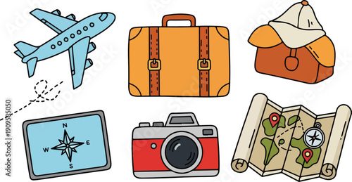 Hand drawn travel and vacation icons collection