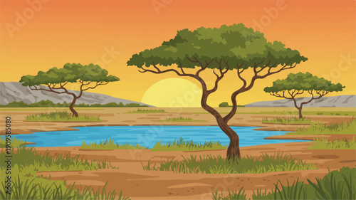 A digital illustration of an African savanna landscape at sunset (3)_traced