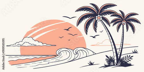 Experience the tranquil beauty of a tropical beach sunset, where palm trees sway gently by the ocean waves, evoking feelings of warmth, freedom, and pure summer joy