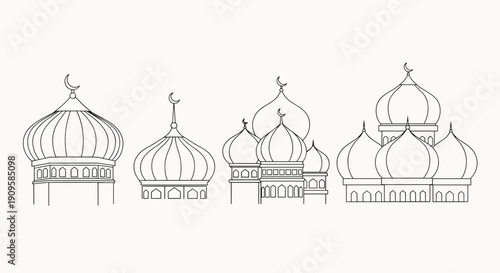 Line Art Happy Eid Mubarak Greetings, Muslim people greet each other and shake hands. Celebrate Eid al-Fitr concept illustration