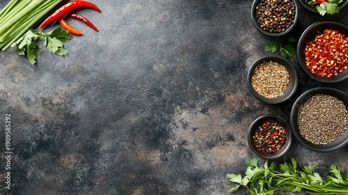 lemongrass. Aerial view of fresh Vietnamese herbs and spices arranged on a stone slab. menu design, packaging mockups, designed for food delivery and cloud-kitchen brand materials, inspires cooking.