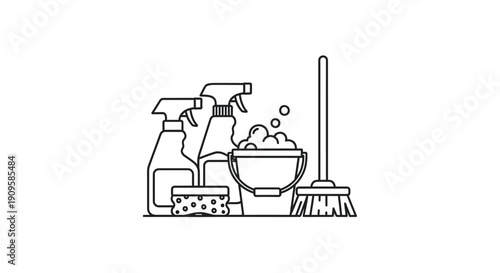 Cleaning supplies arranged in a simple outlined composition silhouette