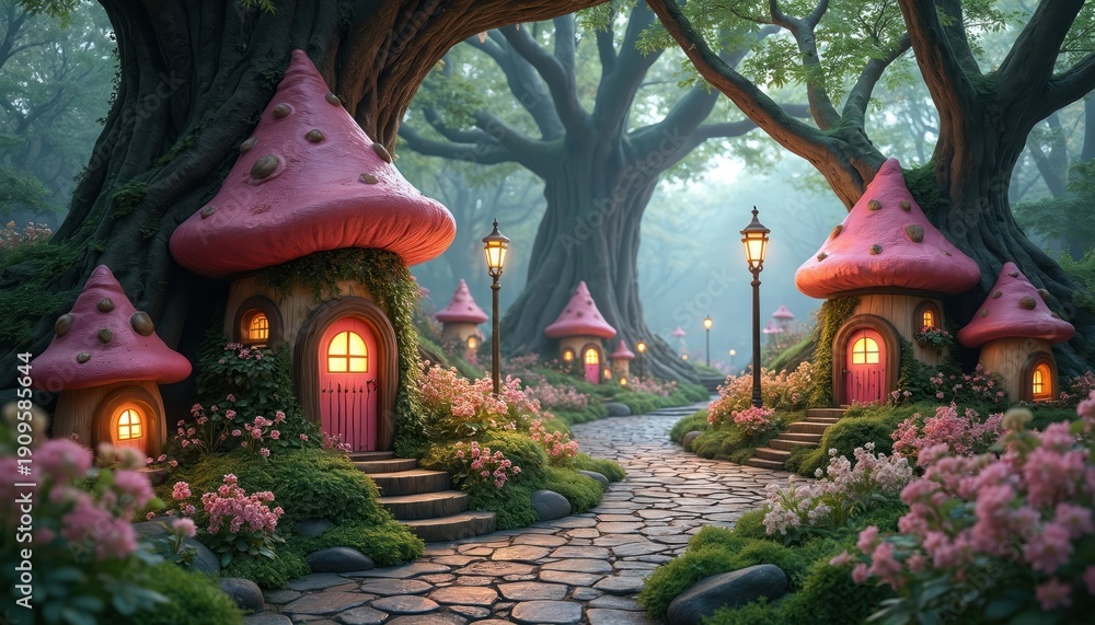 Obraz premium Magical mushroom houses line a cobblestone path in a misty enchanted forest. Glowing lanterns illuminate the path leading through whimsical tiny village. Fairytale nature scene.