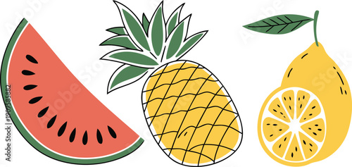 Vibrant hand-drawn summer fruits refreshing watermelon, tropical pineapple, and zesty lemon, symbolizing the warmth, freedom, and joy of the season for cheerful designs