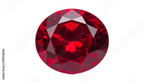 A round, faceted, vibrant red gemstone, isolated against a solid black background