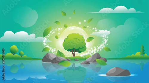 A digital illustration of an ethereal nature scene with a glowing green tree centered on a reflective blue surface (4)_traced