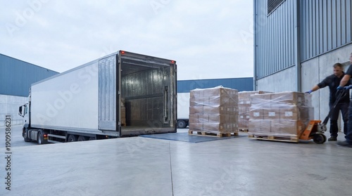 A wide B2B logistics scene shows shrink-wrapped pallets being moved toward an open refrigerated trailer at a modern dock, captured in neutral daylight with clean lines and banner-ready space.
