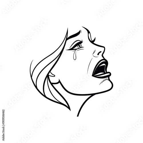 Emotional woman crying with mouth open in a stylized line drawing portrait