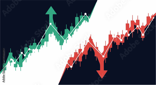 Financial stock market candlestick chart illustrating upward and downward trends with directional arrows