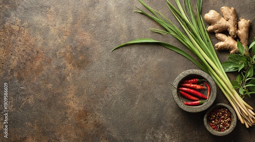 lemongrass. Aerial view of fresh Vietnamese herbs and spices arranged on a stone slab. menu design, packaging mockups, designed for food delivery and cloud-kitchen brand materials, inspires cooking.