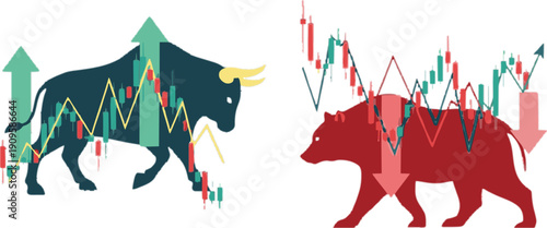 Bullish and Bearish Stock Market Trends Investment Growth and Decline Candlestick Charts