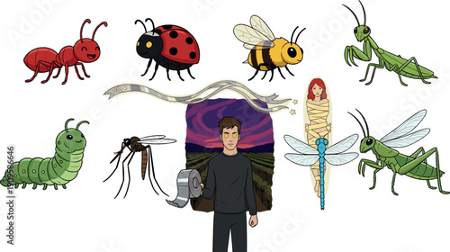 Cute cartoon insects set with ant ladybug bee grasshopper dragonfly mosquito caterpillar and fantasy character playful vector illustration for kids and educational designs