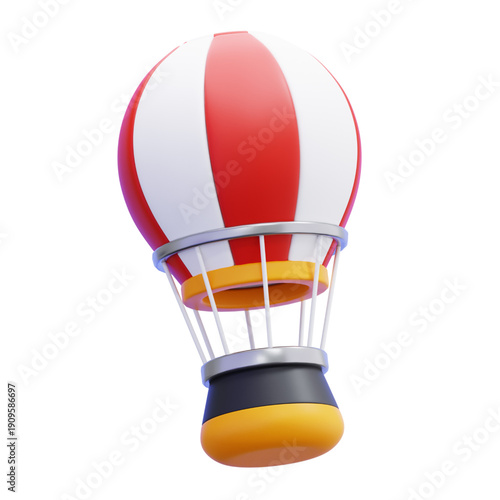 3D Rendered Hot Air Balloon with Red and White Stripes on a White Background