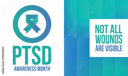 PTSD Awareness Month in June. Post Traumatic Stress Disorder. Celebrated annual in United States. Medical health care and awareness design. Poster, card, banner and background. Vector illustration