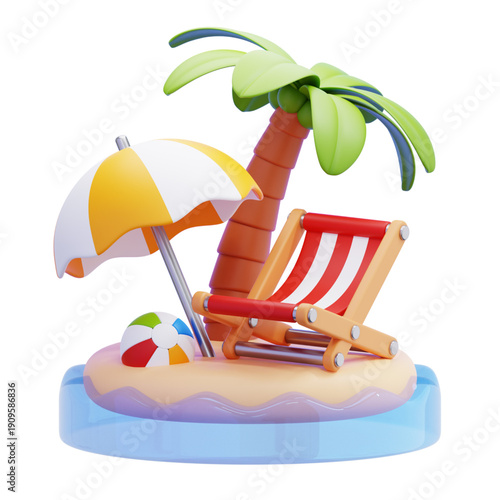 Tropical island paradise with beach chair, umbrella, and palm tree - 3D render of a serene vacation escape