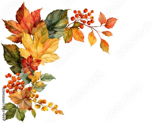 Watercolor illustration of autumn foliage corner decoration with colorful leaves and berries