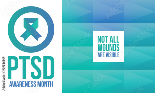 PTSD Awareness Month in June. Post Traumatic Stress Disorder. Celebrated annual in United States. Medical health care and awareness design. Poster, card, banner and background. Vector illustration