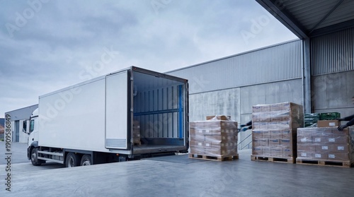 A clean industrial loading dock shows an open refrigerated truck backed in beside shrink-wrapped pallets ready for cold chain distribution under cool overcast daylight with generous copy space.