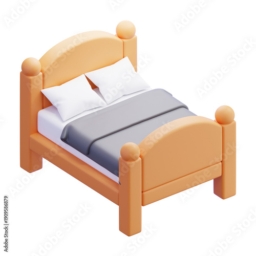 Stylized 3D rendering of a comfortable wooden bed with pillows and a blanket, ideal for modern bedroom furniture concepts and peaceful sleep-related designs