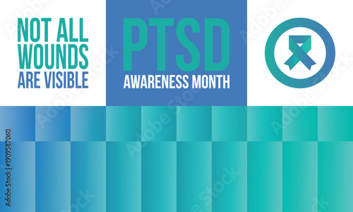 PTSD Awareness Month in June. Post Traumatic Stress Disorder. Celebrated annual in United States. Medical health care and awareness design. Poster, card, banner and background. Vector illustration