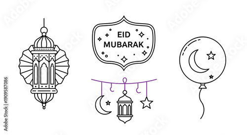 Monoline Happy Eid Mubarak Greetings, Muslim people greet each other and shake hands. Celebrate Eid al-Fitr concept illustration