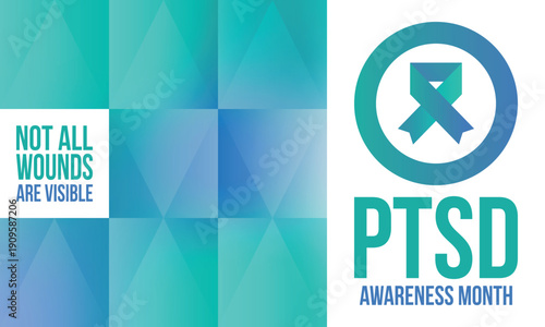 PTSD Awareness Month in June. Post Traumatic Stress Disorder. Celebrated annual in United States. Medical health care and awareness design. Poster, card, banner and background. Vector illustration