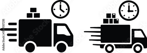 Two delivery trucks with packages and clocks representing fast shipping times