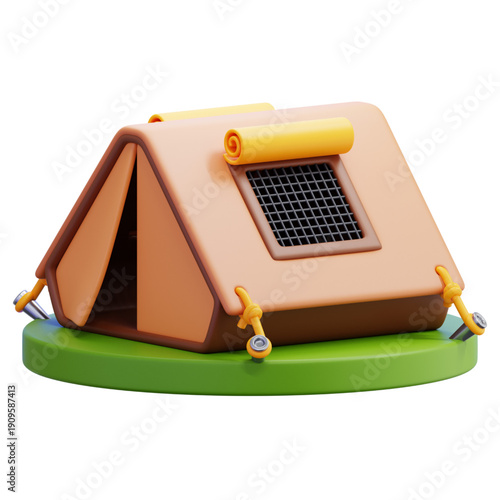 3D camping tent illustration on green grass, perfect for outdoor adventure and travel campaigns