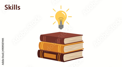 A stack of three books with a lightbulb above representing skills and ideas.