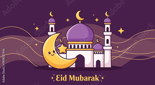 Cute Happy Eid Mubarak Greetings, Muslim people greet each other and shake hands. Celebrate Eid al-Fitr concept illustration