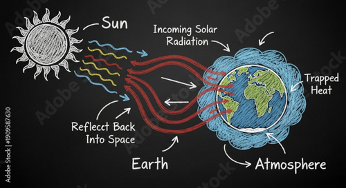 Greenhouse effect diagram sun's radiation and earth's atmosphere interaction
