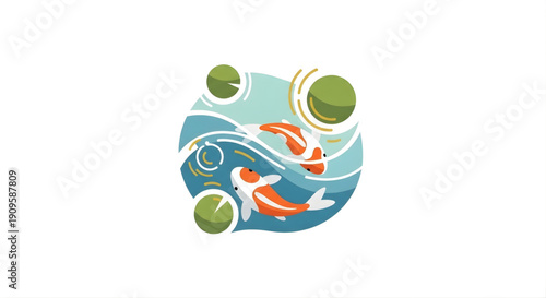 Japanese Koi Fish Swimming in a Water Lily Pond A Serene Illustration of Nature's Beauty